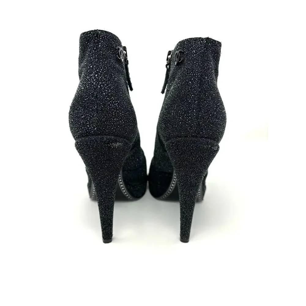 CHANEL Black Grey Glitter Leather Heel Booties Size 37 CC Logo